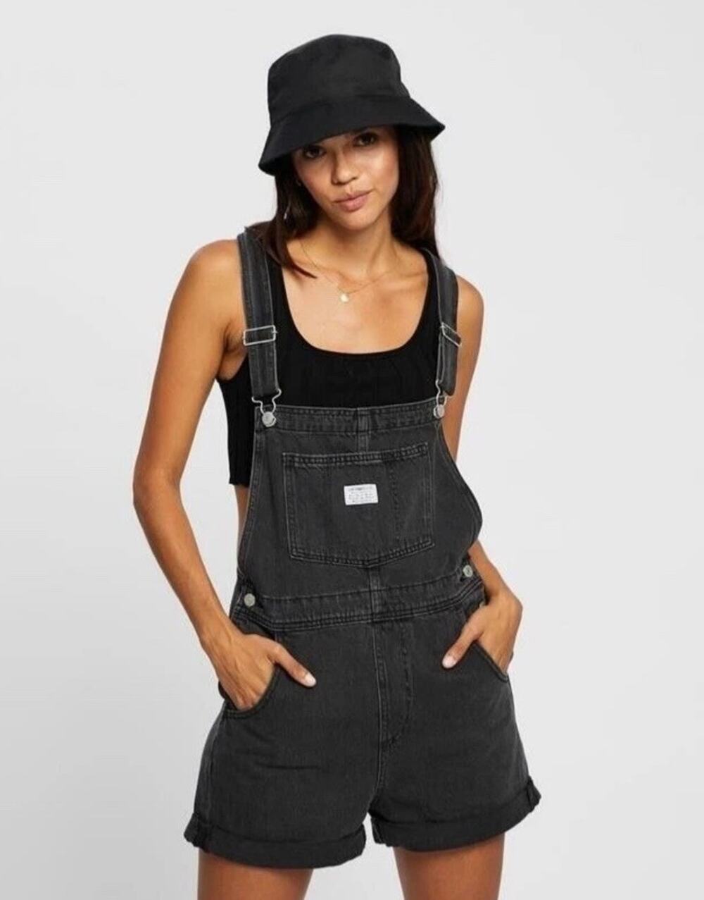 Levi's Premium Vintage Shortalls Black Womens Overall $128 Medium